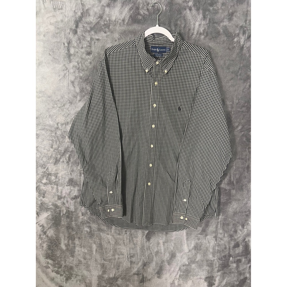Ralph Lauren Custom Fit Gingham Shirt Mens 18 36/37 BlackWhite Cotton ButtonDown
